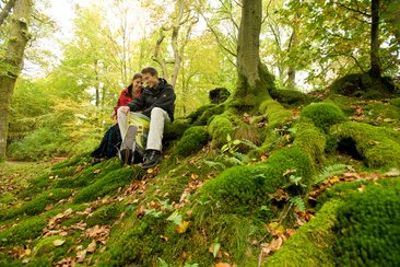 Two people sitting on a grassy slope in a forested area.