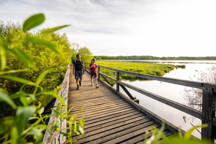 Zwei Personen gehen auf einer Holzbrücke entlang einer ruhigen Wasserfläche