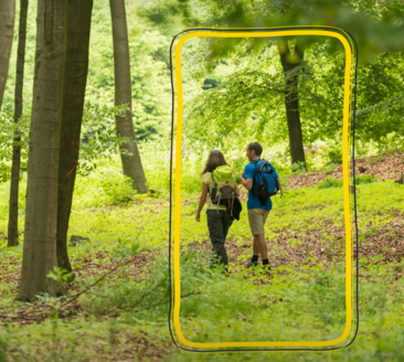 Zwei Wanderer in lebendiger Waldlandschaft unterwegs