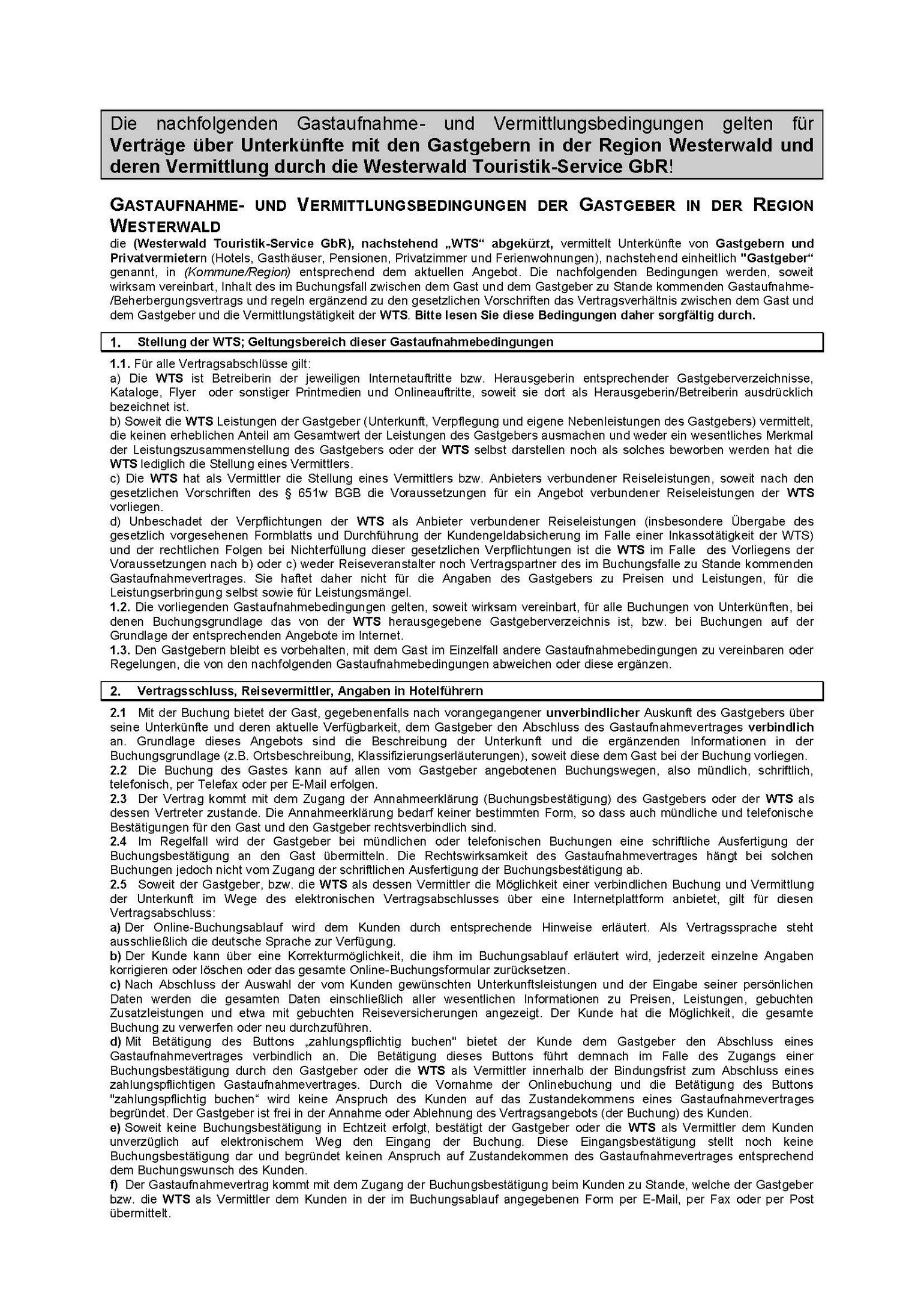 Vertragliche Bestimmungen für Unterkünfte im Westerwald