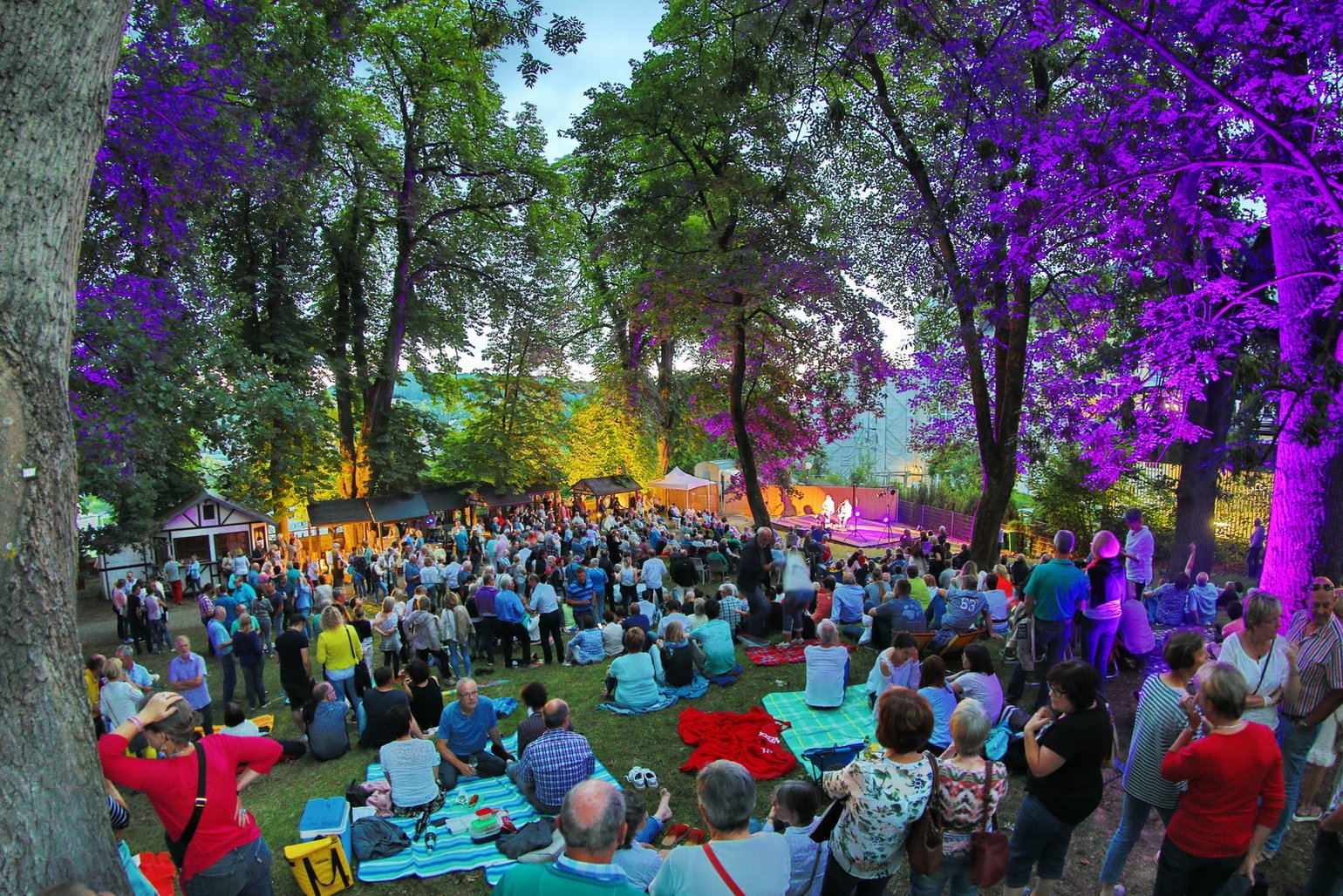 Große Menschenmenge in einem Park bei Abendveranstaltung mit bunten Lichtern