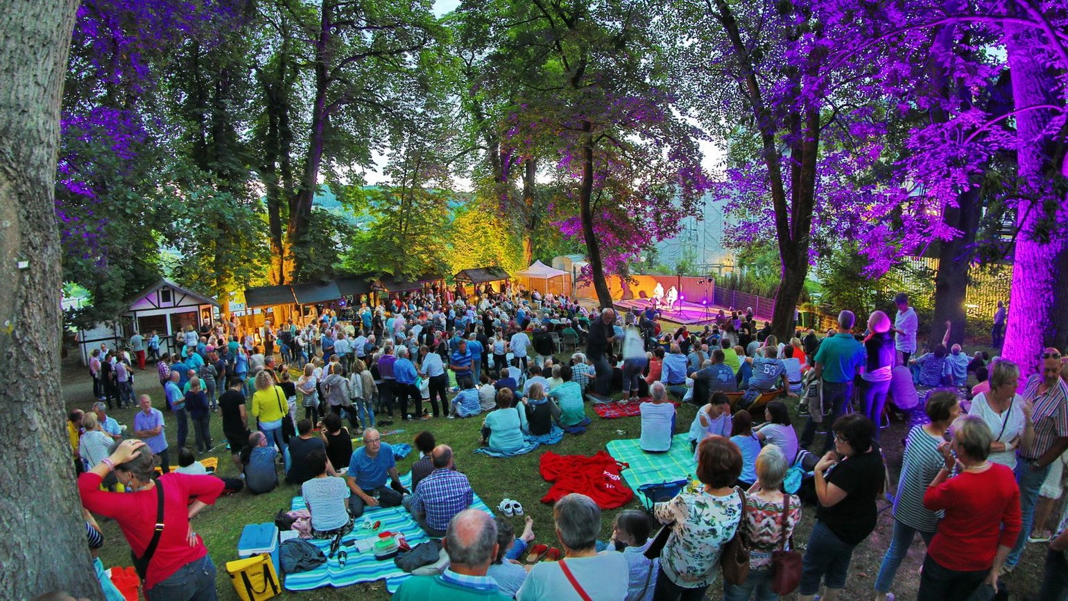 Große Menschenmenge in einem Park bei Abendveranstaltung mit bunten Lichtern