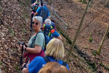 Teilnehmer bei einer Wanderung in einem waldreichen Gebiet